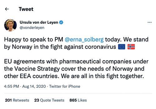 Figur 8.7 Twitter-melding fra leder av EU-kommisjonen Ursula von der Leyen 14. august 2020: «Jeg er glad for at jeg fikk snakket med statsminister @erna_solberg i dag. Vi står sammen med Norge i kampen mot koronaviruset. EU-avtalene med de farmasøytiske selska...