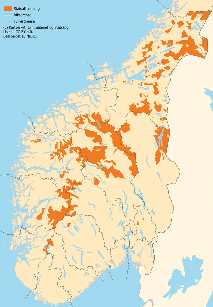 Figur 5.1 Kart over statsallmenningane i Sør- og Midt-Noreg
