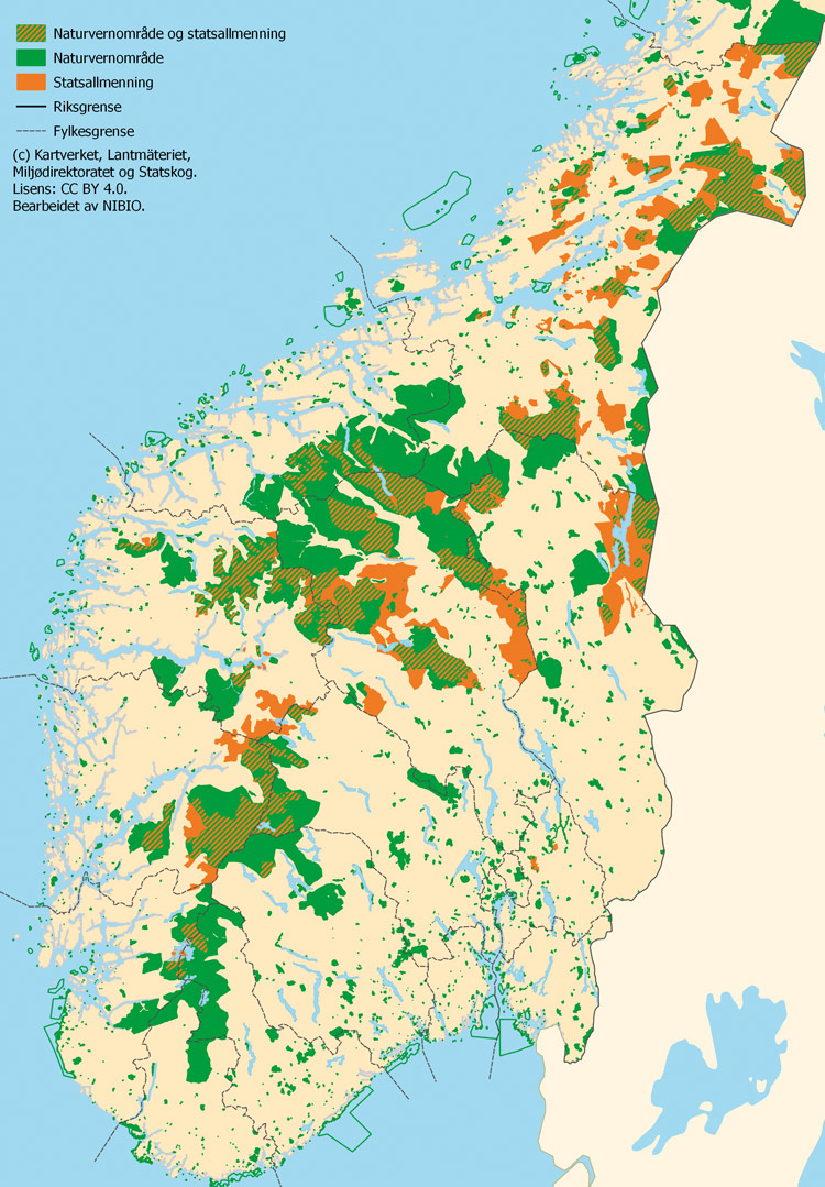 Figur 5.2 Kart over statsallmenningar og verneområde i Sør- og Midt-Noreg