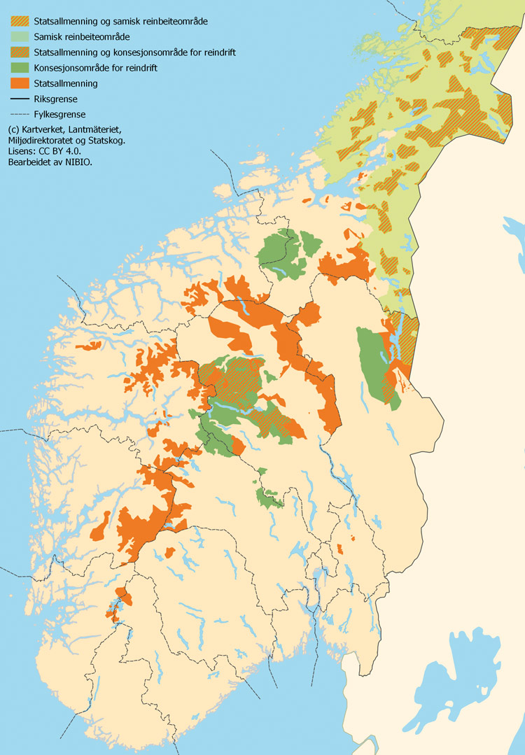 Figur 5.3 Reinbeiteområde i statsallmenningane i Sør- og Midt-Noreg