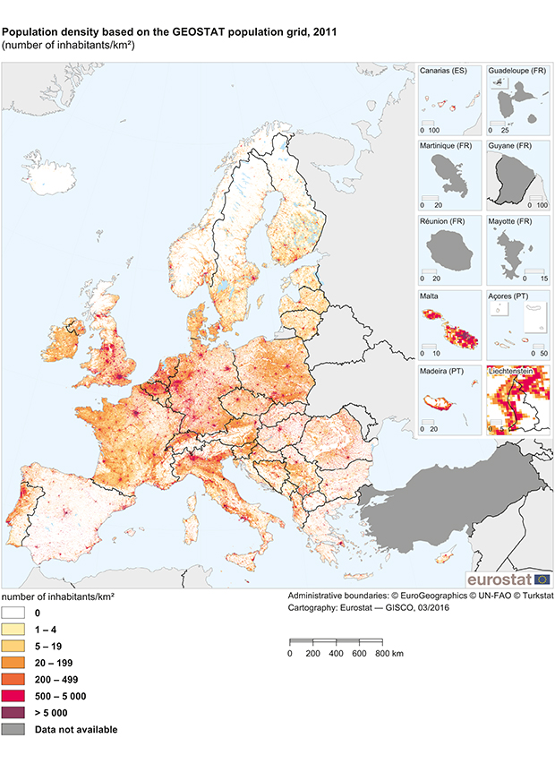 Figur 2.1 Befolkningstettleik per km2 i Europa i 2011.
