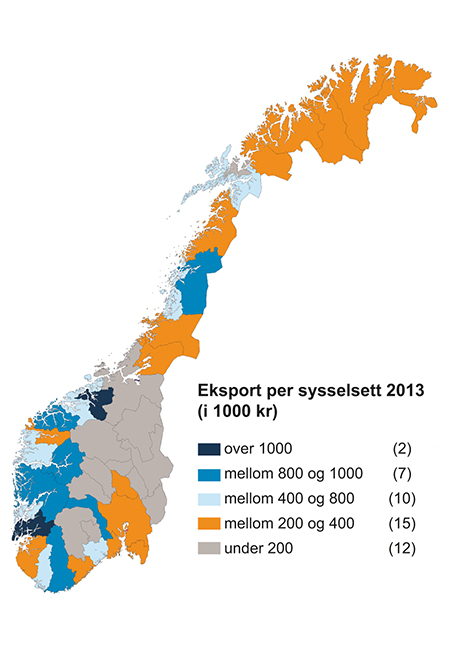 Figur 2.7 Eksport per sysselsett 2013 (i 1000 kr). 46 arbeidsmarknadsregionar.
