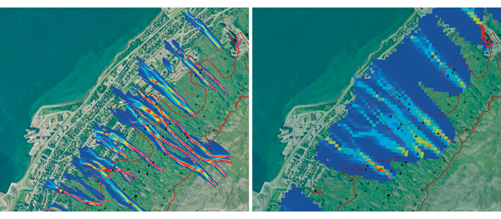 Figur 7.10 Betre høgdedata – til venstre – gjev meir nøyaktige analysar av ras- og flaumutsette område. Figuren syner simulering av jord- og flaumskred i Tromsø.
