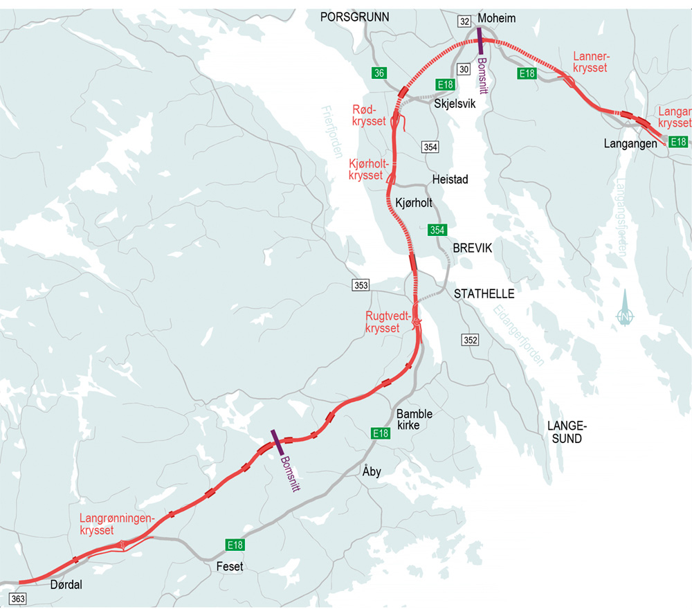 Figur 5.1 Plassering av bomsnitt på ny E18 Langangen – Dørdal
