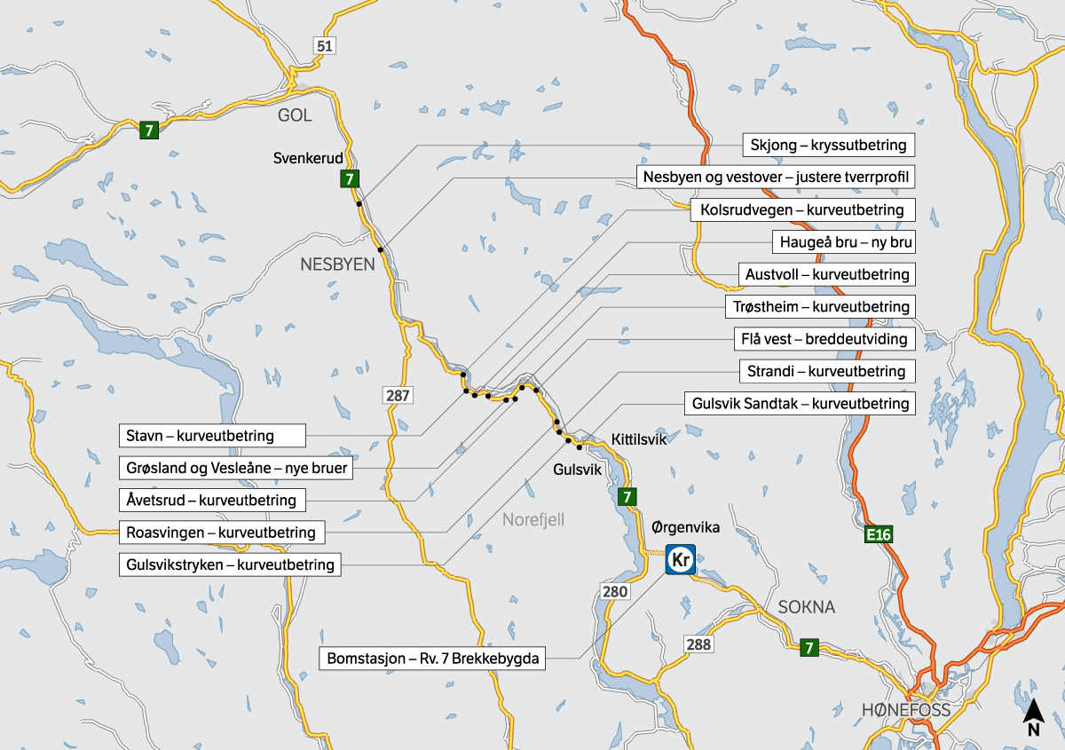 Figur 3.1 Aktuelle utbetringstiltak på strekninga rv. 7 Kittilsvik – Gol