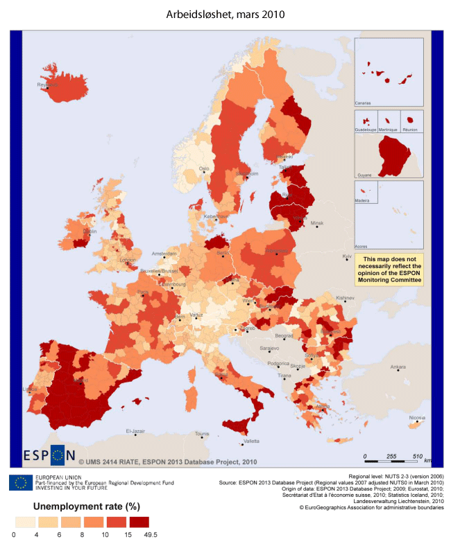Figur 4.7 Regional arbeidsledighet i Europa