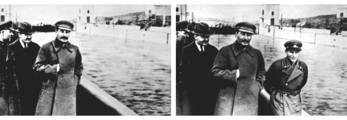 Figur 4.3 Stalin var kjent for systematisk manipulering av foto. I dette tilfellet er det kommisær Nikolai Ivanovich Yezhov som ble redigert vekk fra det opprinnelige bildet etter at han falt i unåde.4
