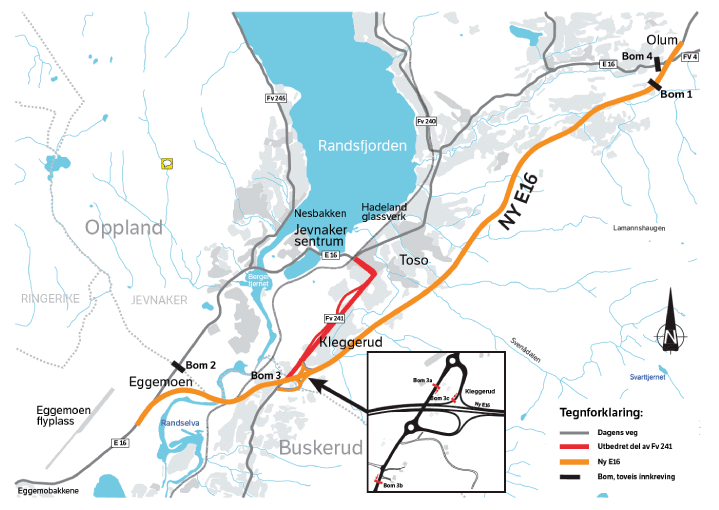 Figur 5.1 E16 Eggemoen – Jevnaker – Olum, plassering av bomsnitt og bomstasjoner