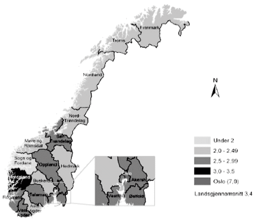 Figur 2.1 Sysselsette i kulturnæringane i pst. av alle sysselsette i fylket. Privat sektor 2002.