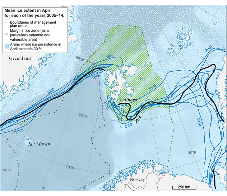 Figure 2.11 Mean ice extent in the Barents Sea in April for each of the years 2005–14. The figure shows the larger interannual variations in sea ice extent in the Barents Sea in April, particularly in the east. The hatched area shows the updated delimitation of ...