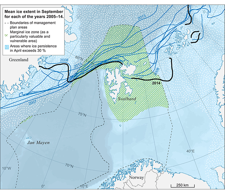 Figure 2.12 Mean ice extent in the Barents Sea in September for each of the years 2005–14. Comparing September 2013 and September 2014 shows how much the summer sea ice extent may vary from one year to another. Together with Figure 2.11, this figure also shows t...
