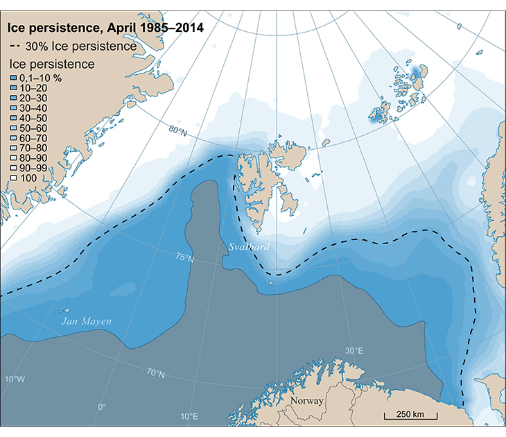 Figure 2.21 Ice persistence in April for the period 1985–2014. Sea ice extent normally reaches its annual maximum in April. Ice persistence is the percentage of days on which sea ice is present in a specific area within a specified period of time, and is further...