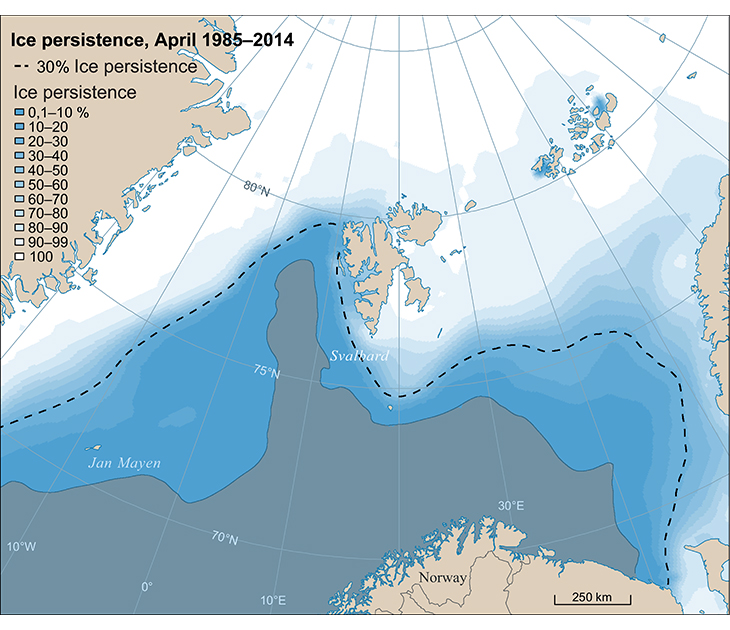 Figure 2.21 Ice persistence in April for the period 1985–2014. Sea ice extent normally reaches its annual maximum in April. Ice persistence is the percentage of days on which sea ice is present in a specific area within a specified period of time, and is further...