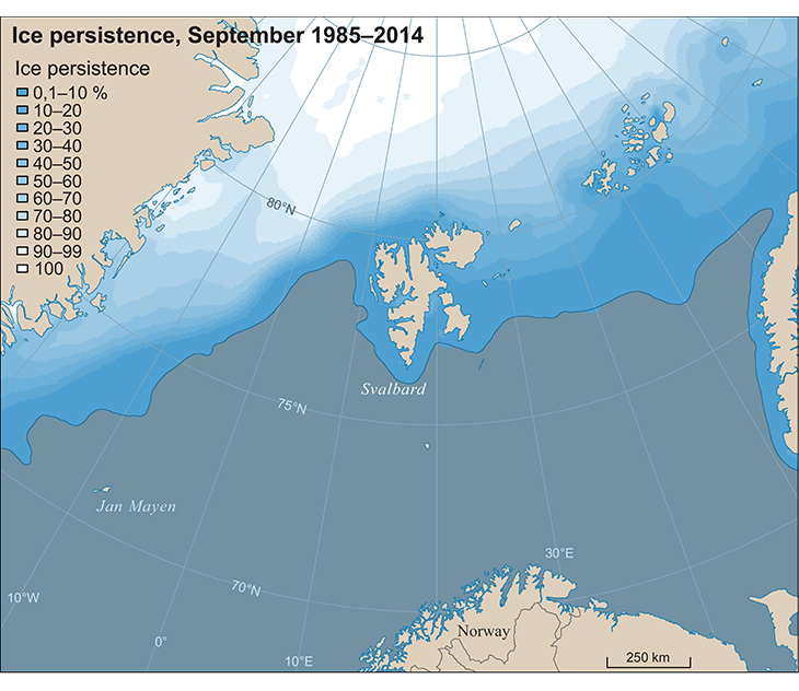 Figure 2.22 Ice persistence in September for the period 1985–2014. Sea ice extent normally reaches its annual minimum in September. Ice persistence is the percentage of days on which sea ice is present in a specific area within a specified period of time, and is...