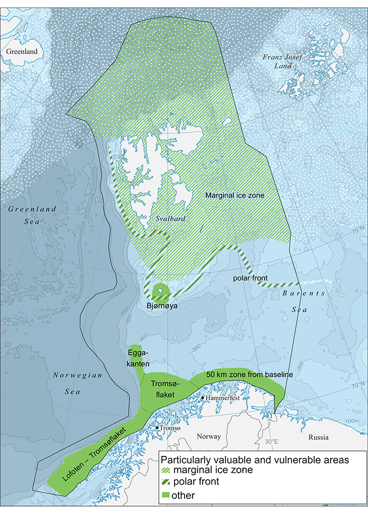 Figure 2.8 Particularly valuable and vulnerable areas in the Barents Sea–Lofoten management plan area. The delimitation of the marginal ice zone has been updated using data on sea ice extent for the period 1985–2014.
