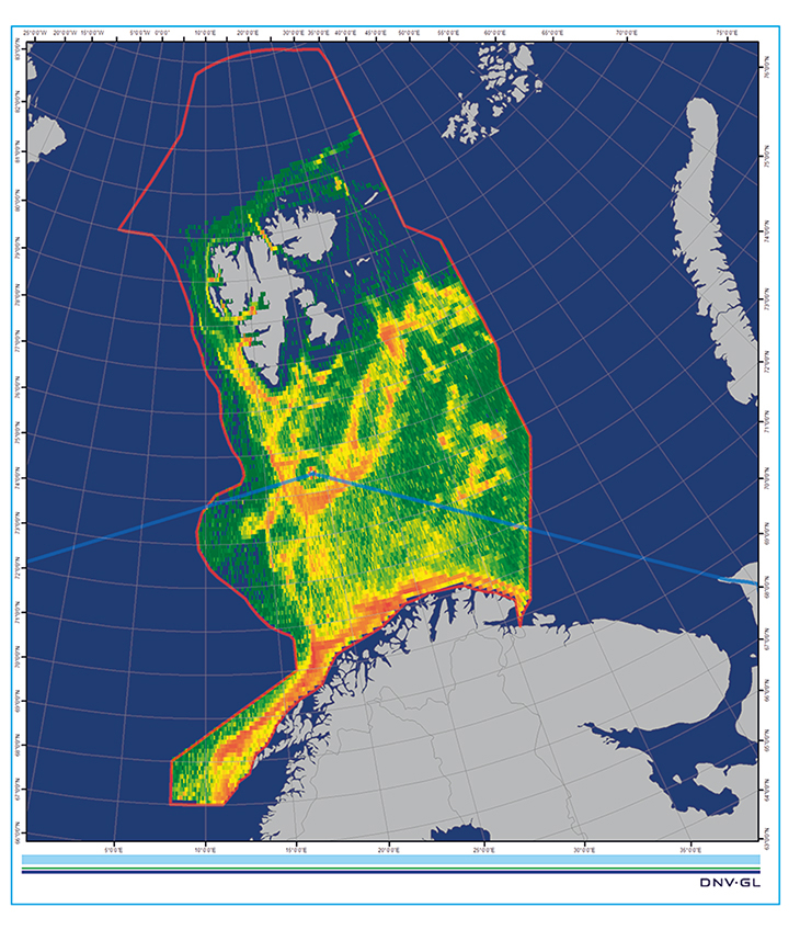 Figure 3.1 Traffic density map for fishing vessels in the management plan area in 2014. The blue line marks the boundary of Arctic waters as defined by the Polar Code.
