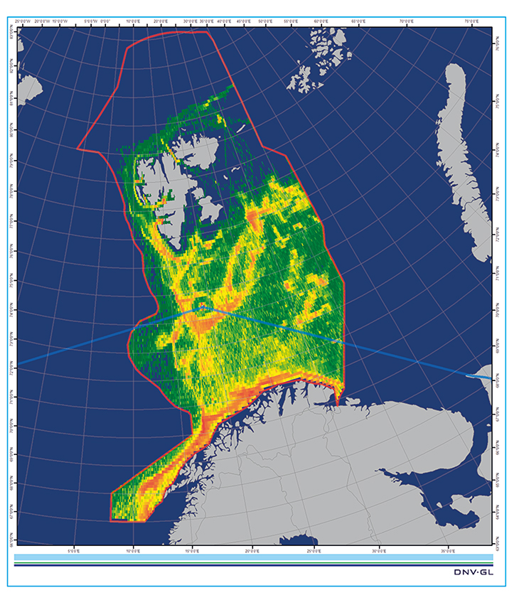 Figure 3.1 Traffic density map for fishing vessels in the management plan area in 2014. The blue line marks the boundary of Arctic waters as defined by the Polar Code.
