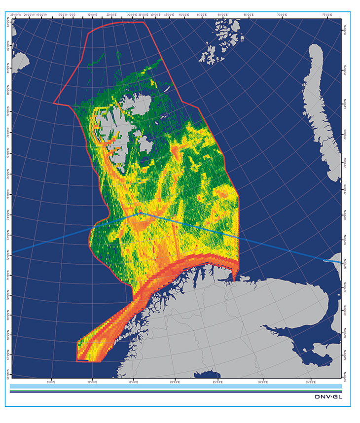Figure 3.4 Traffic density map for all types of vessels in the management plan area in 2014.
