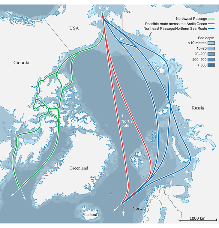 Figure 3.5 Main routes expected to be used by shipping across the Arctic Ocean. The most direct route (red lines) should be considered as a corridor with many options.
