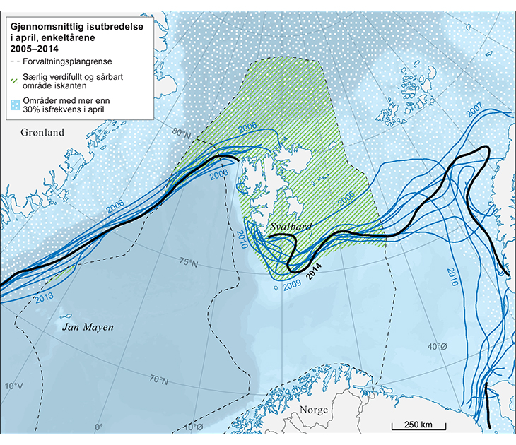 Figur 2.11 Gjennomsnittlig isutbredelse i april for enkeltårene 2005–2014. Det fremgår at isutbredelsen i Barentshavet i april måned varierer mye mellom år, særlig i øst. Det skraverte området viser avgrensningen av iskanten som et særlig verdifullt og sårbart ...