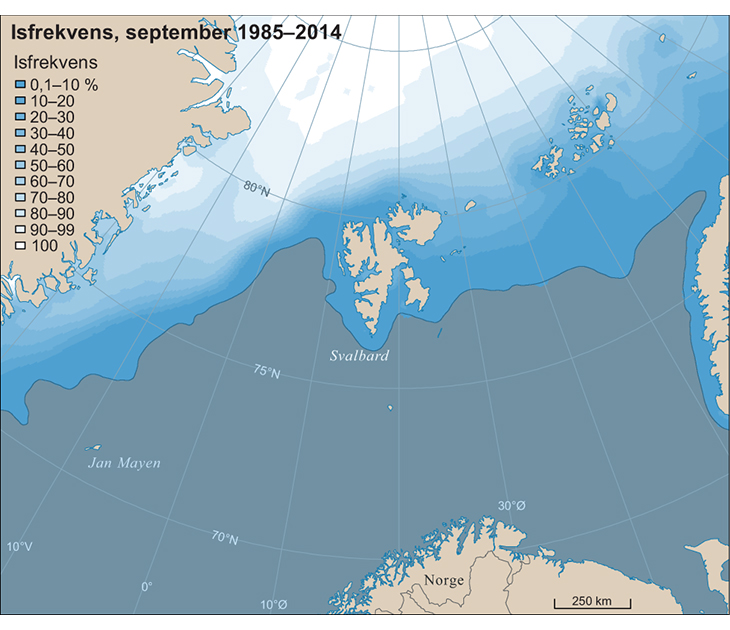 Figur 2.22 Figuren viser isfrekvensen i september måned for perioden 1985–2014. I september er isutbredelsen på sitt årlige minimum. Isfrekvensen er prosentandelen av dager det forekommer havis i et gitt område innenfor en nærmere angitt periode. Isfrekvens er ...
