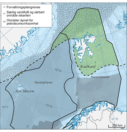 Figur 2.23 Oppdatert avgrensning av særlig verdifullt og sårbart område iskanten, basert på isdata for 30-årsperioden 1985–2014.
