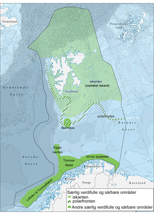 Figur 2.8 Særlig verdifulle og sårbare områder i forvaltningsplanområdet Barentshavet – Lofoten. Avgrensningen av det særlig verdifulle og sårbare området iskanten er oppdatert på grunnlag av data for isutbredelse gjennom perioden 1985–2014.
