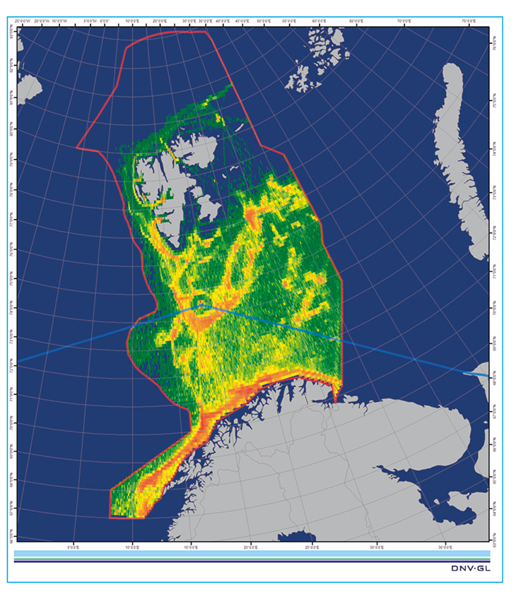 Figur 3.1 Illustrasjon på trafikktetthet av fiskefartøy i forvaltningsplanområdet i 2014. Polarkodens virkeområde er markert med blå linje.
