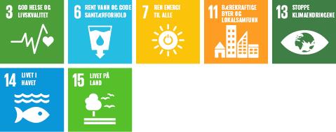 Ikon av bærekraftsmålene 3, 6, 7, 11, 13, 14 og 15.