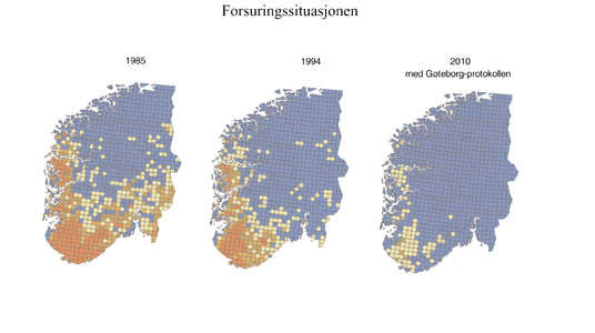 Figur 8.1 Forbedringen i forsuringssituasjonen1) i Norge fra 1985 til
Gøteborg-protokollen etter planen skal være oppfylt
i 2010.