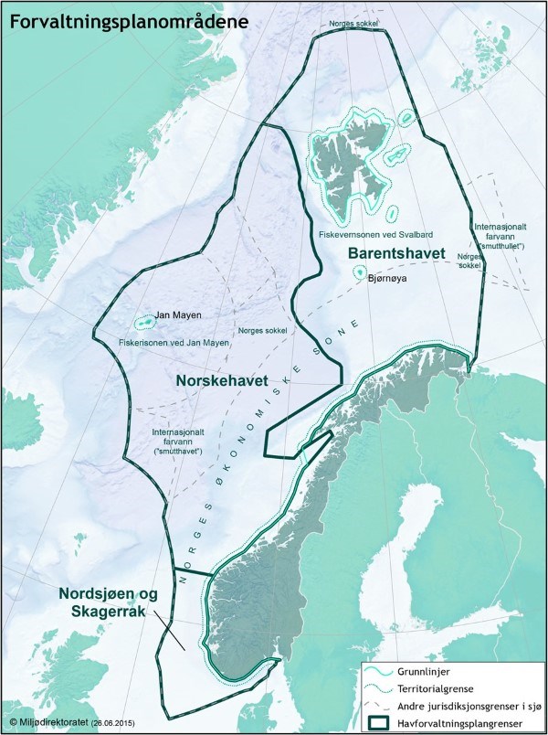 Forvaltningsplanene er regjeringens verktøy for å tilrettelegge for både verdiskaping og bevaring av miljøet i havområdene. Norge har forvaltningsplaner for Nordsjøen-Skagerrak, Norskehavet og Barentshavet-Lofoten. Kart: Miljødirektoratet.