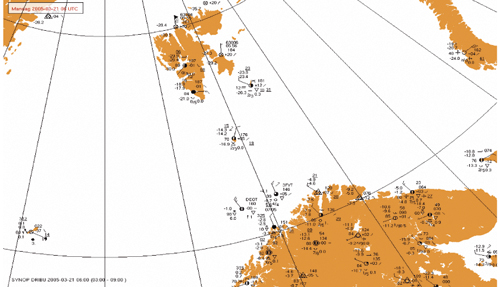 Figur 5.3 Observasjonsnett for meteorologiske data i Barentshavet på en
 vanlig dag.