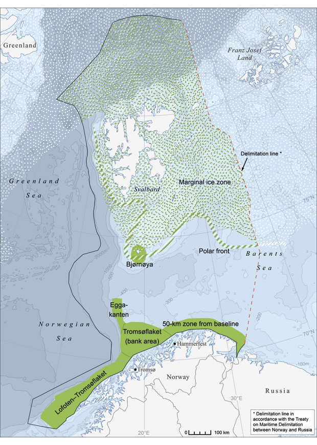Figure 3.1 Particularly valuable and vulnerable areas in the Barents Sea–Lofoten area (shown in green)