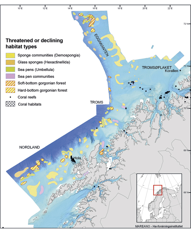 Figure 3.2 Parts of the Eggakanten area, the Tromsøflaket bank area and the area from the Lofoten Islands to the Tromsøflaket where there are habitat types listed as threatened and/or declining by OSPAR