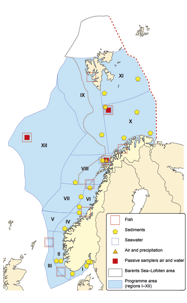 Figure 3.20 Measuring stations for the Marine Pollution Monitoring Programme in Norwegian waters in 2010