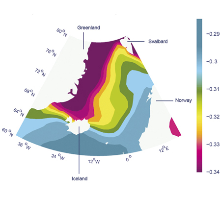 Figure 3.4 Projected changes in the acidity of surface seawater up to 2100