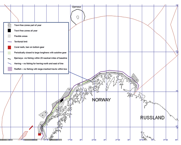 Figure 4.1 Trawl-free zones and flexible areas in the Barents Sea