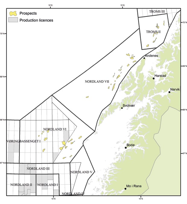Figure 4.13 Mapped prospects in Nordland VI, Nordland VII and Troms II, 2007–09