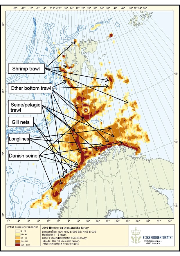 Figure 4.2 Fishing vessel activity for vessels with a length of more than 21 m in 2009. The dark shading shows the greatest activity.