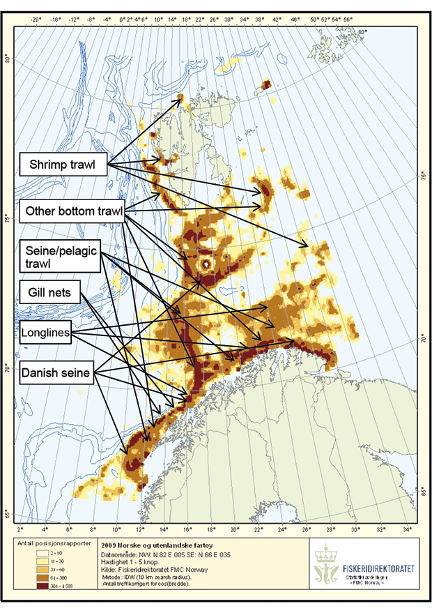 Figure 4.2 Fishing vessel activity for vessels with a length of more than 21 m in 2009. The dark shading shows the greatest activity.