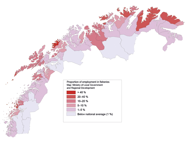 Figure 4.3 Employment in the fisheries sector in North Norway, as a percentage of total employment.