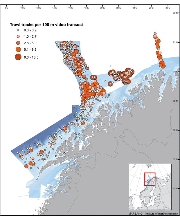 Figure 4.5 Density of trawl tracks on the seabed in areas mapped by MAREANO up to the 2009/2010 season.