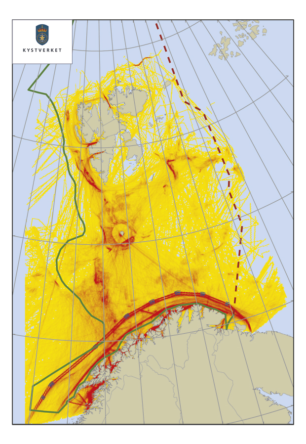 Figure 4.6 Traffic density in the management plan area, the traffic separation schemes between Vardø and Røst (thick red line) and nearcoast areas in the second half of 2010. The highest traffic density is indicated by the red shading.