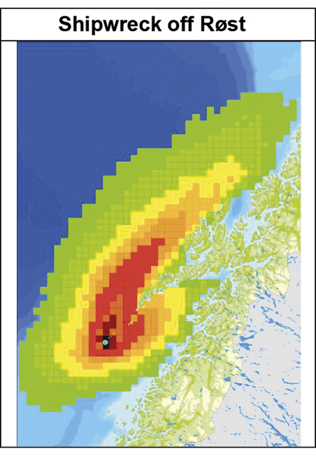 Figure 5.6 Result of modelling of an oil spill from a shipwreck off Røst in Nordland VI, with a spill of 15 000 tonnes/day for 4 days. The map shows the probability of oil contamination.