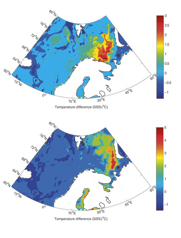 Figure 6.5 Results of simulations of changes in sea temperature in March (top) and September (bottom), showing the difference between the period 2046–65 and the control period 1981–2000.