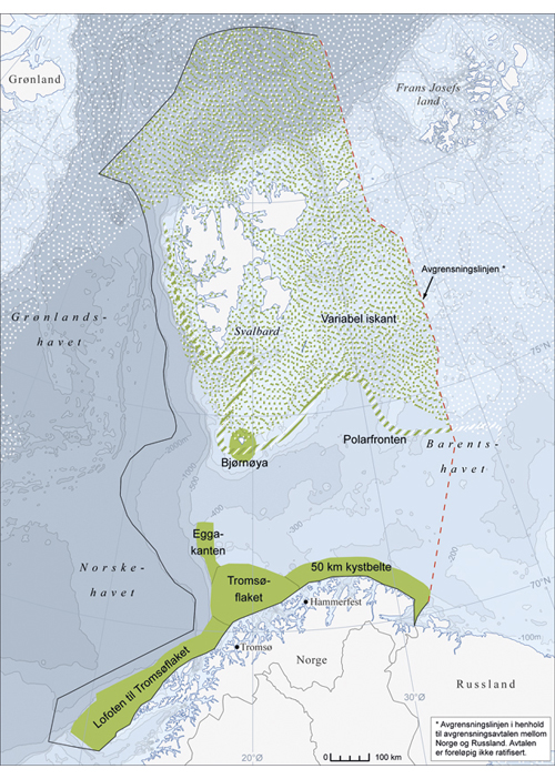Figur 3.1 Særlig verdifulle og sårbare områder i Barentshavet – Lofoten (grønne områder)