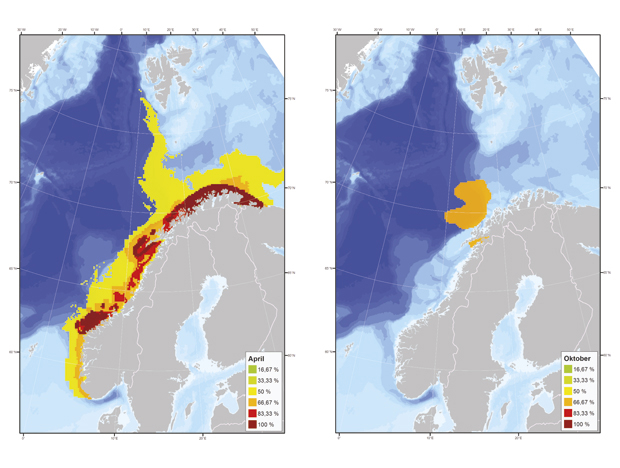 Figur 3.13 Internasjonalt viktige områder for lodde, norsk vårgytende sild og nordøstarktisk torsk. Områdeverdier er angitt som prosent av maksimal mulig verdi, der kun gyteområder kan komme opp i 100 prosent. Verdier er angitt for vår og høst. I oktober er det...