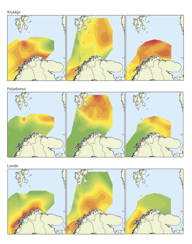 Figur 3.15 Utbredelse av sjøfugl (krykkje, polarlomvi og lunde) i åpent hav ved ulike årstider. Kartene viser situasjonen sommer, høst og vinter. Grønt: lav tetthet. Rødt: høy tetthet