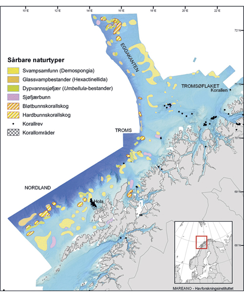 Figur 3.2 Områder på eggakanten og Tromsøflaket og utenfor Lofoten, Vesterålen og kysten av Troms med naturtyper som kan klassifiseres som sårbare og truete i henhold til OSPAR sine habitatdefinisjoner