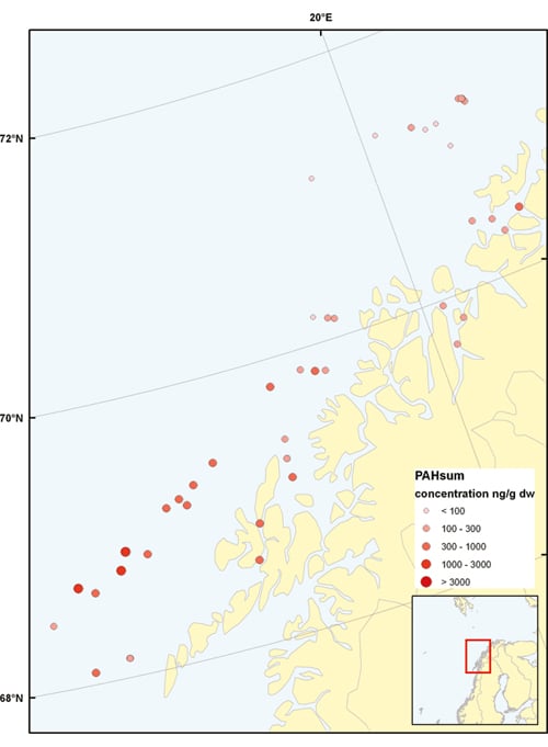 Figur 3.23 PAH nivåer i overflatesedimenter